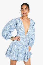 Printed Linen Look Plunge Long Sleeve Mini Dress