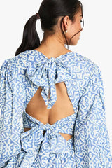 Printed Linen Look Plunge Long Sleeve Mini Dress