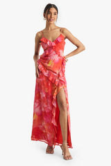 Floral Crinkle Chiffon Ruffle Maxi Dress