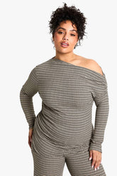 Plus Stripe Slash Neck Long Sleeve Top