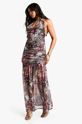 Printed Mesh Halterneck Ruched Maxi Dress