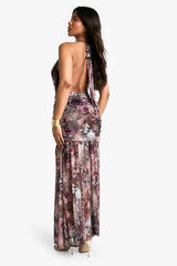 Printed Mesh Halterneck Ruched Maxi Dress