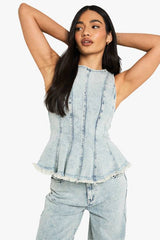 Denim Seam Detail Peplum Hem Top