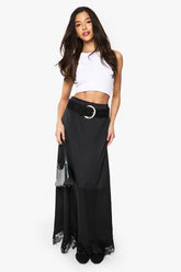 Satin Lace Trim Maxi Slip Skirt
