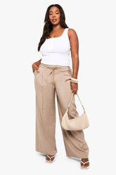 Plus Woven Drawstring Pleated Wide Leg Trouser