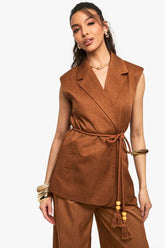 Tailored Linen Look Longline Belted Waistcoat