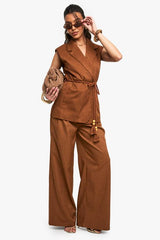 Tailored Linen Look Longline Belted Waistcoat