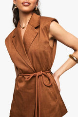 Tailored Linen Look Longline Belted Waistcoat