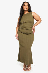 Plus Cotton Rib Ruched Column Midaxi Dress