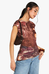 Printed Mesh Ruched Side Top