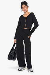 Rib Tie Front Long Sleeve Top And Drawstring Straght Leg Trouser Set