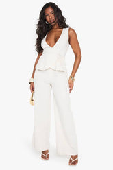 Linen Look Wide Leg Plunge Jumpsuit