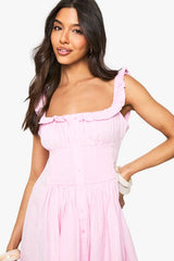 Cotton Poplin Shirred Button Down Mini Dress