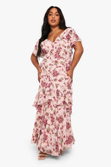 Plus Dobby Chiffon Floral Frill Detail Maxi Dress