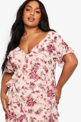 Plus Dobby Chiffon Floral Frill Detail Maxi Dress