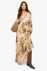 Animal Printed Chiffon Volume Sleeve Ruched Waist Maxi Dress