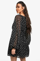 Paisley Polka Dot Chiffon Volume Sleeve Ruched Waist Mini Dress