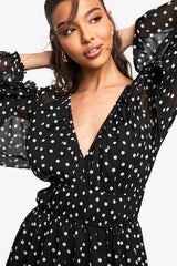 Paisley Polka Dot Chiffon Volume Sleeve Ruched Waist Mini Dress