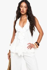Woven Crinkle Ruffle Button Top