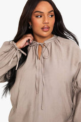 Plus Linen Look Tie Front Blouse