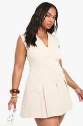 Plus V Neck Tailored Pleated Dress