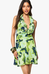 Abstract Ruffle Halterneck Mini Dress