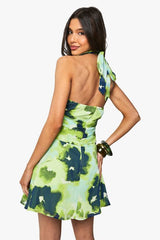 Abstract Ruffle Halterneck Mini Dress