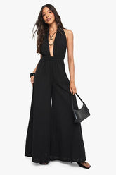 Linen Look Halterneck Plunge Jumpsuit