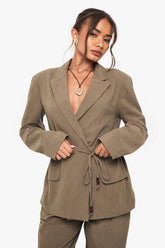 Linen Wrap Over Beaded Tie Detail Blazer