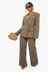 Linen Beaded Tie Detail Wide Leg Trouser