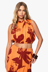 Abstract Floral Puffball Linen Top