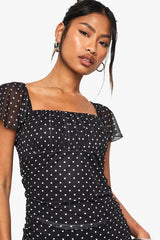 Polka Dot Mesh Ruffle Mini Dress