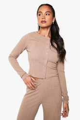 Crinkle button through long sleeve top