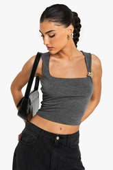 Marl Square Neck Trim Detail Top