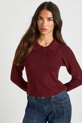 Petite Premium Long Sleeve Collared Rib Knit Top