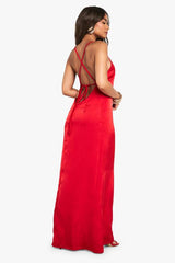 Satin Plunge Front Split Leg Maxi Dress
