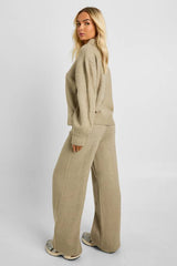 Chunky Knit Collar Detail Oversized Knitted Jumper and Wide Leg Trouser Co-Ord