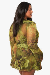 plus floral mesh wrap mini dress