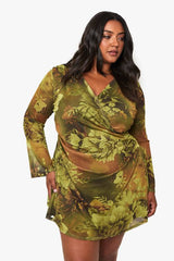 plus floral mesh wrap mini dress