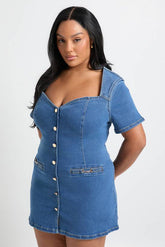 Plus Denim Gold Trim Button Down Shift Dress