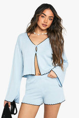 Beach Sheer Knit Floaty Short and Button Front Top Set