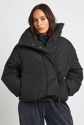 Short Funnel Neck Tie Side Puffer Jacket