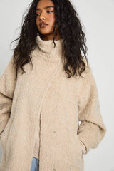 Funnel Neck Textured Wool Look Coat