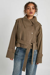 Asymmetric Belted Cropped Trench Jacket