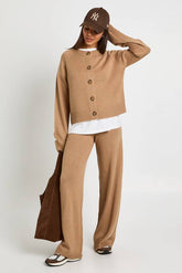Crew Neck Knitted Chunky Cardigan and Wide Leg Trouser Co-Ord