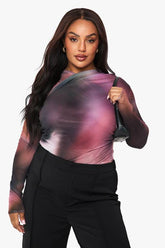 Plus Printed Mesh Cross Over Bodysuit