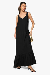 Textured Trapeze Linen Look Column Maxi Dress