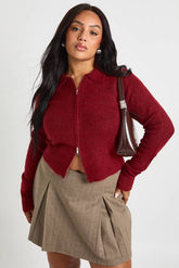 Plus Collared Zip Up Soft Knit Cardigan