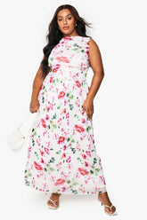 Plus Floral Mesh Ruched Drop Hem Maxi Dress