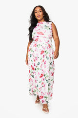 Plus Floral Mesh Ruched Drop Hem Maxi Dress